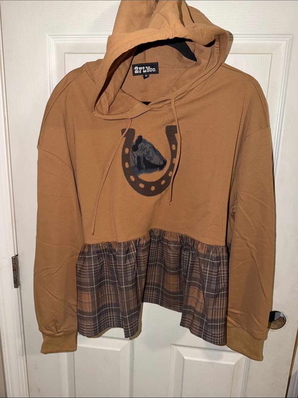 2Twelve Co. Tan Hooded Sweater with Plaid Ruffle Hem